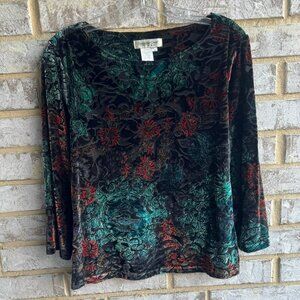 Coldwater Creek 3/4 Sleeve Round Neck Multicolor Floral Velour Blouse Size S